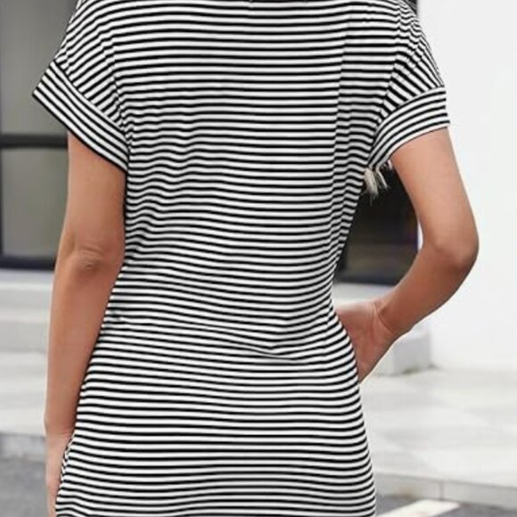 NEW Striped Classic Preppy T Shirt Dress Tie Waist Pockets Small Black White - Picture 3 of 4